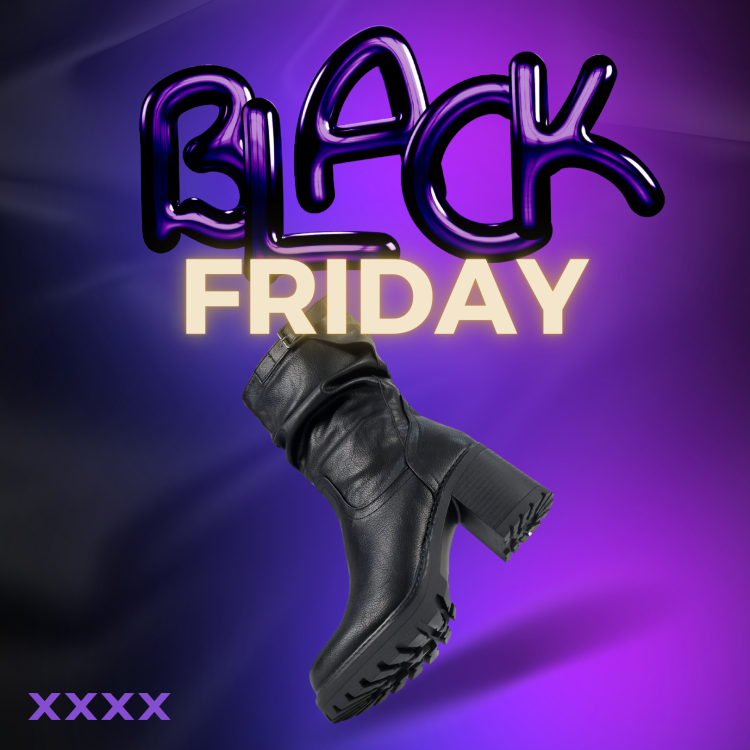 Promozione Black Friday con stivali neri su sfondo viola e scritta accattivante.